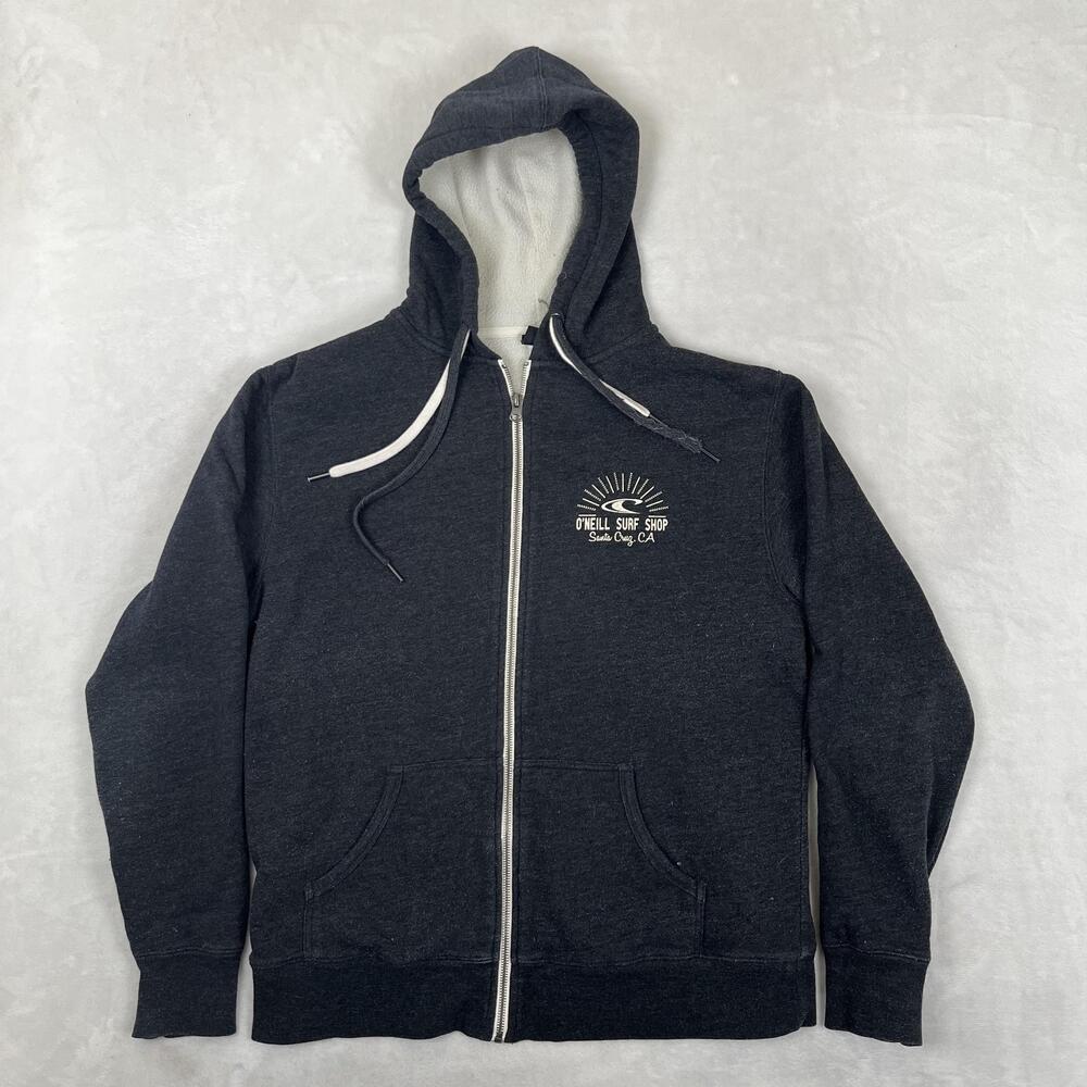 VTG O'Neill Surf Shop Hoodie Mens Medium Gray Sherpa Lined Full Zip Fleece Y2K